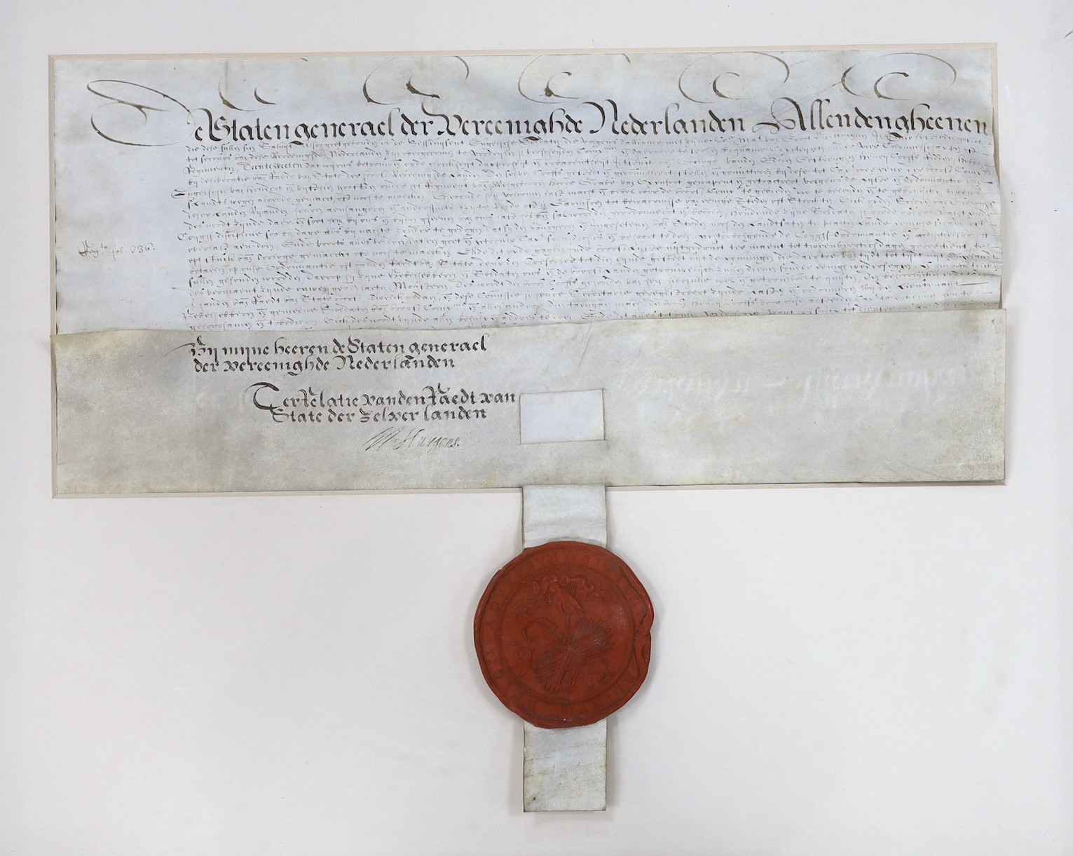 Sealed commission (in Dutch) issued by the States-General of the United Netherlands to Henry Crofts, knight, as a captain in the regiment commanded by Henry de Vere, eighteenth earl of Oxford; The Hague, 28 August 1624